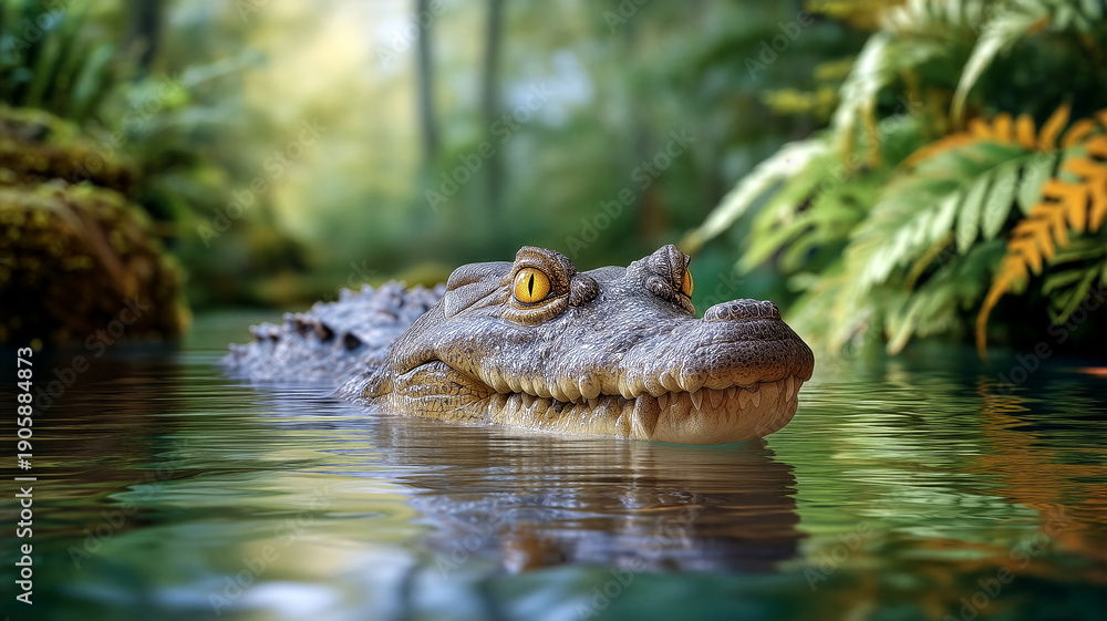 Obraz premium Crocodile glides through calm water in vibrant wetland. Green foliage around enhances natural habitat. Concept of wildlife, nature conservation, reptile observation