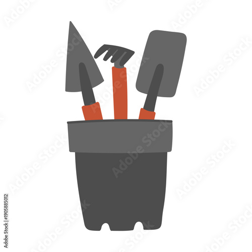 Gardener tools in bucket in flat cartoon design. Metal shovel, spade and rake with wooden handles in plant pot. Gardening season growing and springtime agronomy instruments.  Vector illustration