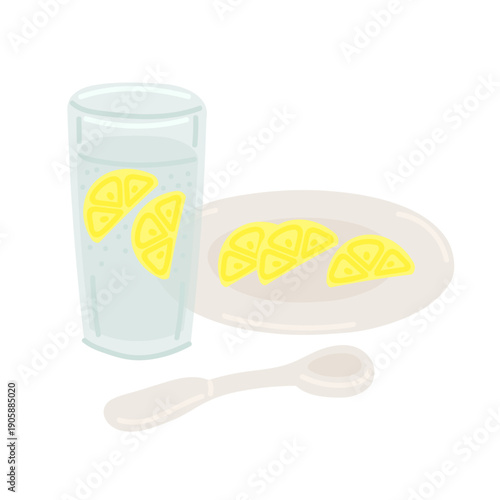 Water in glass and lemon slices in flat cartoon design. Refreshing drink for hydration with citrus fruit. Beverage for health detox. Cold homemade infusion tonic. Vector illustration isolated.
