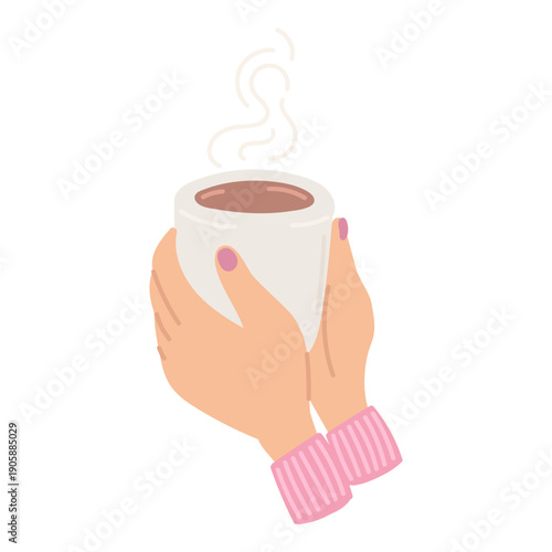 Woman hands holding cup with hot coffee in flat cartoon design. Morning caffeine beverage with steam in mug. Cappuccino or latte drink in cafeteria. Coffee break time. Vector illustration isolated.