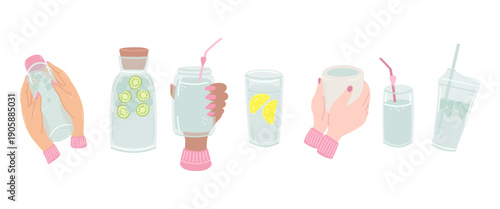 Drink more water set elements in flat cartoon design. Woman hands holding plastic bottle, cup or glasses jar with straw with refreshing liquid with ice, lemon, cucumber. Vector illustration isolated.