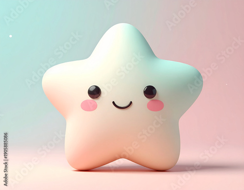 Adorable 3D Kawaii Star Character on Soft Pastel Gradient Background. Cute Shiny Happy Mascot Illustration for Children's Design, Apps, or Positive Branding.