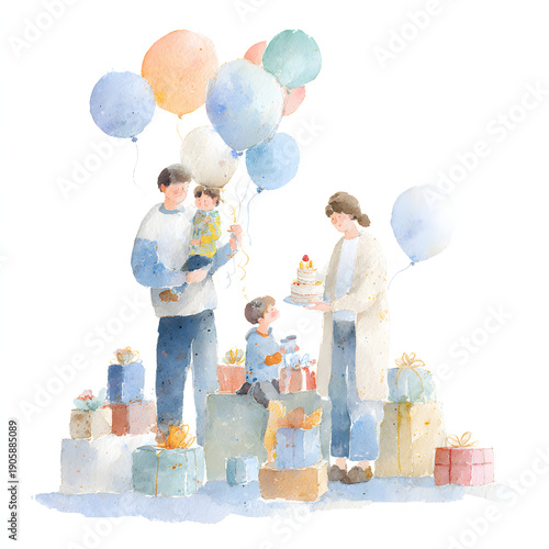 Wallpaper Mural Family birthday celebration watercolor illustration. AI generated Torontodigital.ca