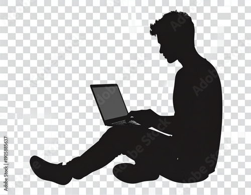 Black Silhouette Vector Illustration of a Young Man Sitting Down and Using a Laptop Computer. Concept of Remote Work, Technology, Freelancing, and Coding on a Transparent Background.