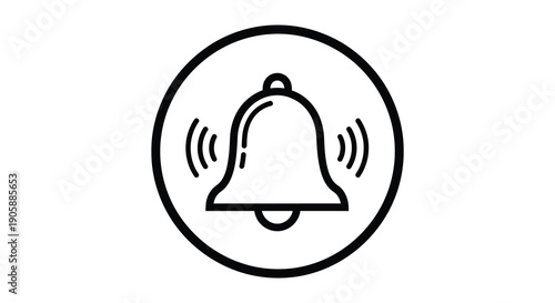 Simple black and white illustration of a ringing bell within a circle silhouette