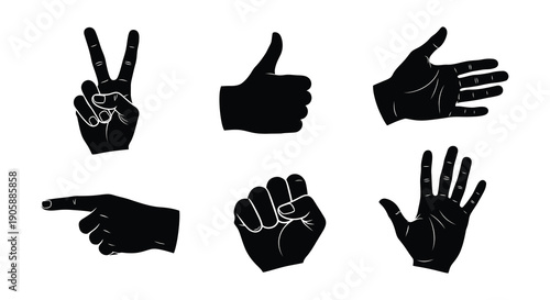 Collection of black hand gestures displaying various signs a striking silhouette
