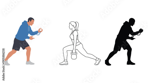 Man and woman performing strength training exercises with resistance bands and kettlebells.