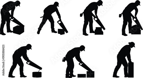 Construction Worker Silhouette Set Using Hand Saw Cutting Wood Blocks in Various Carpentry Work Poses Isolated on White Background