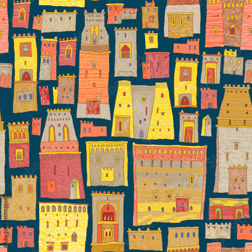 Vector seamless pattern of fairy tale oriental houses and castles on a dark blue background