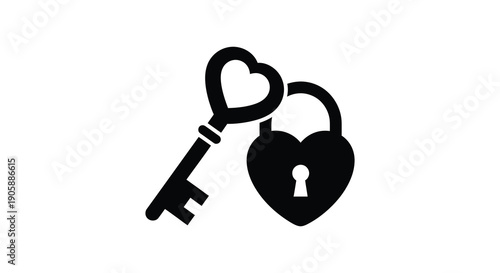 A black key unlocking a heart shaped padlock graphic silhouette high quality