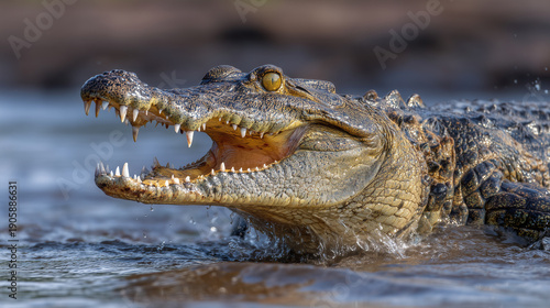 Crocodile surfaces in river water with mouth open showing teeth. Clear setting with ripples around. Concept of wildlife, nature conservation, animal education