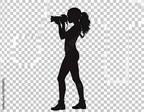 Professional Female Photographer Silhouette Vector Illustration - Isolated Black Graphic of a Woman Holding a DSLR Camera, Ready to Capture the Moment, Perfect for Creative Design Projects.