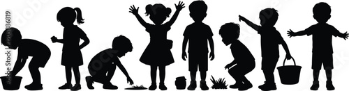 Children silhouette nature exploration, group of curious kids crouching in grass examining plants and insects with buckets, outdoor discovery vector illustration, summer learning adventure