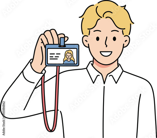 Young Man Holding ID Card Badge with Lanyard Showing Identification Portrait in Flat Cartoon Vector Illustration Isolated on White Background