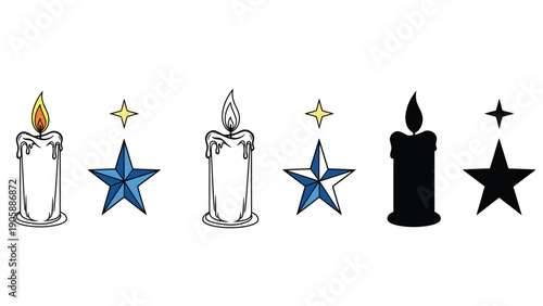 Three different styles of candles and stars are displayed.