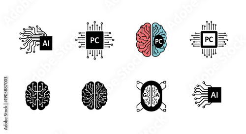 Artificial intelligence and computing brain icons with circuit patterns