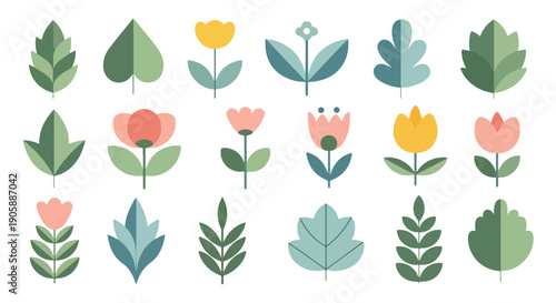 Flat lay of various colorful flowers and leaves on a white background with a minimalist composition.
