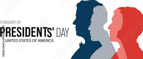 Presidents' Day silhouette illustration with overlapping profiles of American leaders in patriotic red blue gray colors, United States holiday design vector art