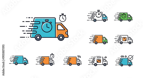 Fast delivery service icons depicting trucks with clocks and speed lines