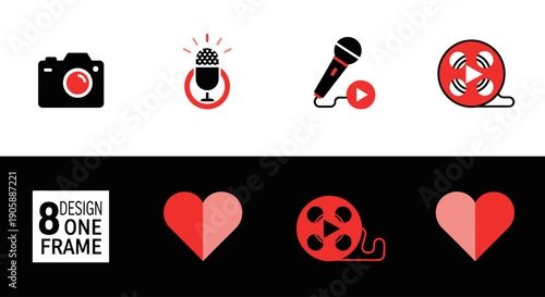 Collection of media production icons including cameras microphones and film