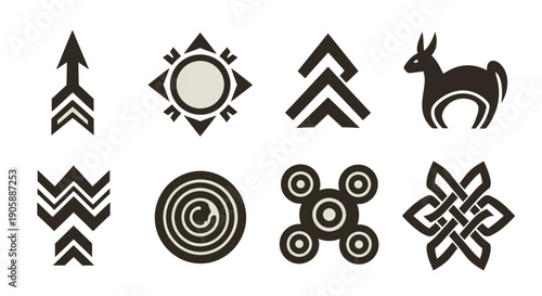 Collection of stylized black tribal symbols and animal illustration