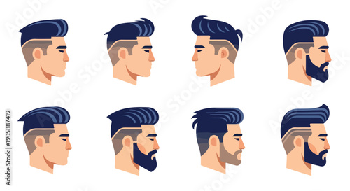 Flat lay illustration of various male hairstyles and beards in profile against a white background.