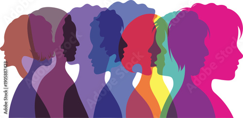 Diverse people silhouettes in overlapping profile rows, colorful rainbow LGBTQ+ unity design, multicultural group heads vector illustration, inclusion equality pride background art