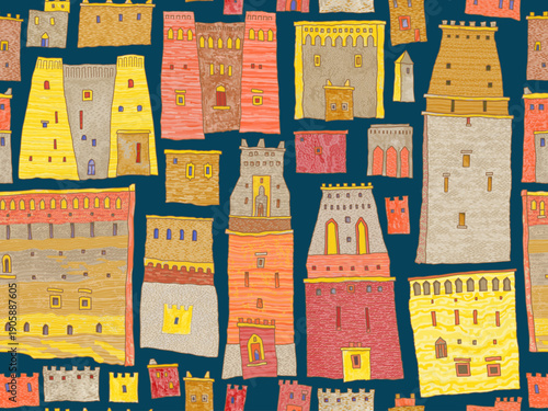 Vector seamless pattern of fairy tale oriental houses and castles on a dark blue background