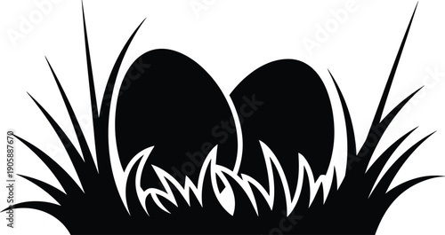 Easter eggs hidden in grass silhouette, two large painted eggs nestled in tall blades, spring egg hunt background vector illustration, holiday nature scene