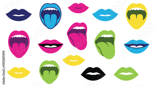 Lips vector illustration set with colorful mouths and tongues