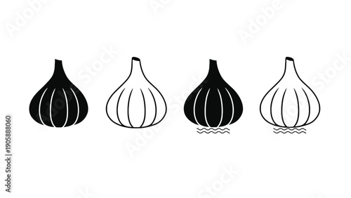 Garlic vector icons set in black and white illustration style