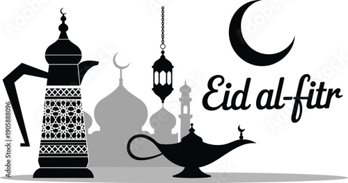 Eid al-Fitr silhouette illustration with crescent moon, mosque, coffee pot, lantern, lamp, Arabic design, festive Islamic holiday vector art, Ramadan greeting card background