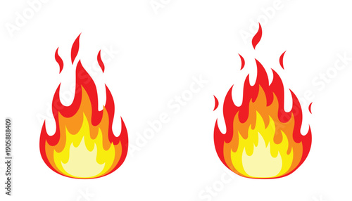 Cartoon fire flame illustration set with bright red and yellow burning elements for heat and danger concepts