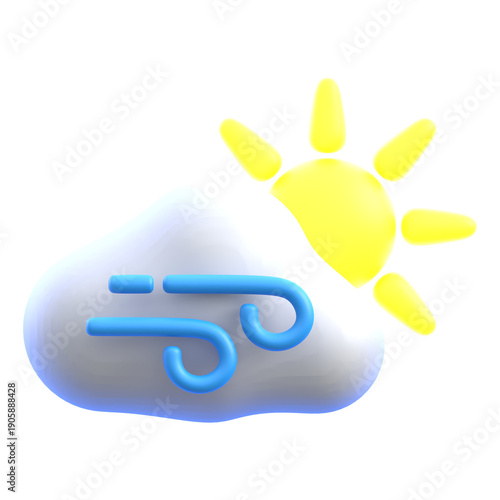 Windy weather concept sun and cloud with wind currents 3D icon