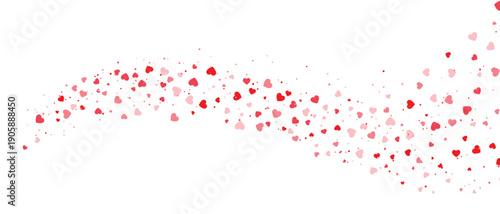 Scattered red heart confetti wave background with floating romantic particles for love and Valentine’s Day design