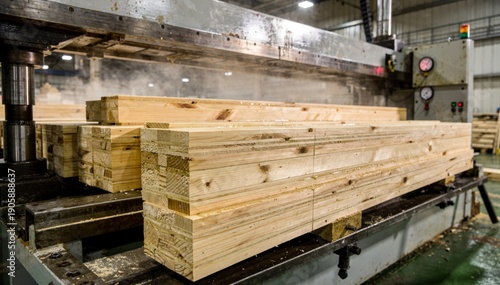 Closeup medium shot showing commercial girders made of laminated veneer lumber undergoing controlled pressing in industrial machinery.