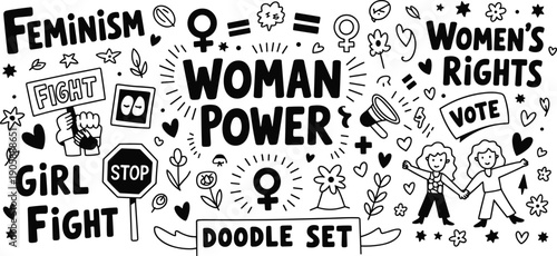 Feminism, woman, power, rights, girl, fight, doodle, set, vector, black, white, icon, hand, drawn, protest, empowerment, vote, female, equality, sign.Feminism