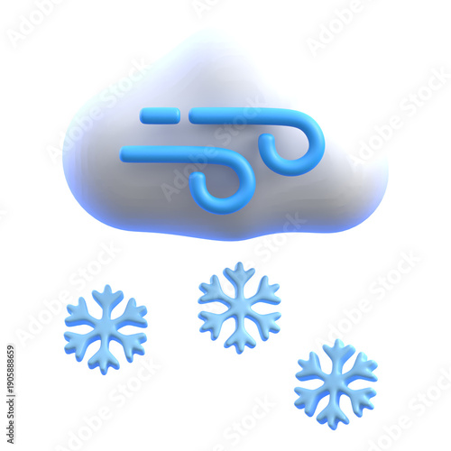 Winter weather symbol blowing wind with falling snowflakes 3D icon