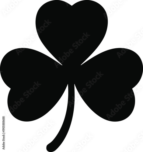 Four leaf clover silhouette with heart shaped leaves, lucky shamrock symbol, black St. Patrick's Day icon vector illustration, Irish fortune and luck design