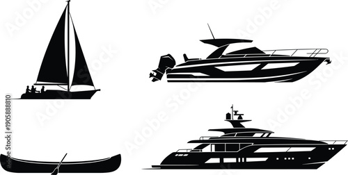 Set of boat silhouettes including luxury yacht, sailboat, speed boat, and canoe icons for maritime logo design, travel, and nautical branding.