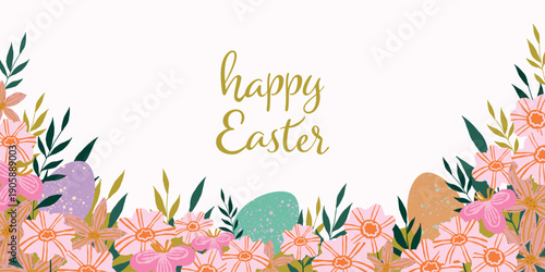 Happy Easter web banner, vector illustration, with a bouquet of hand-drawn flowers, twigs, leaves, colored eggs and hand lettering posted on a pink background. Looks cute and gentle.