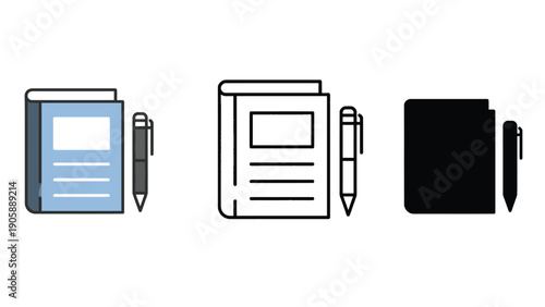 Book vector icons with pen illustrations in different styles and colors