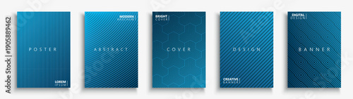 Collection of blue digital technology striped abstract covers, templates, placards, brochures, banners, flyers, backgrounds. Minimalistic halftone gradient posters