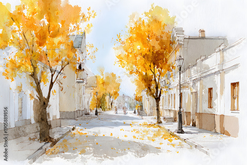 Wallpaper Mural Cozy autumn street watercolor illustration. AI generated Torontodigital.ca