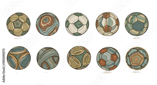 Set of vintage soccer balls with various patterns and textures