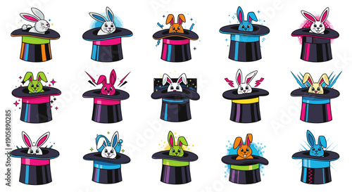 Collection of colorful rabbit and bunny magic trick hats with props