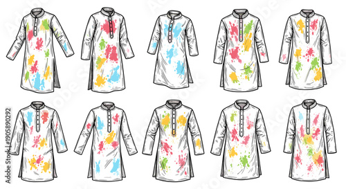 Set of colorful floral patterned dresses with long sleeves and buttons