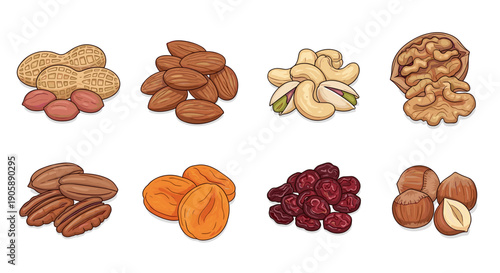 Collection of assorted nuts including almonds walnuts and dried fruits