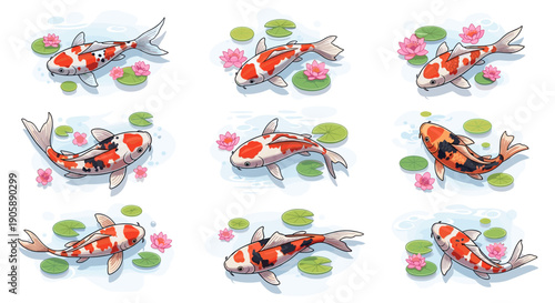Collection of colorful koi fish illustrations with vibrant details