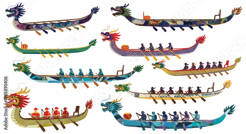 Colorful traditional dragon boat parade with ornate dragon heads